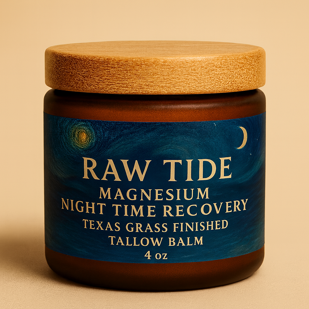 Jar of Raw Tide magnesium night time recovery balm with a wooden lid on a beige background