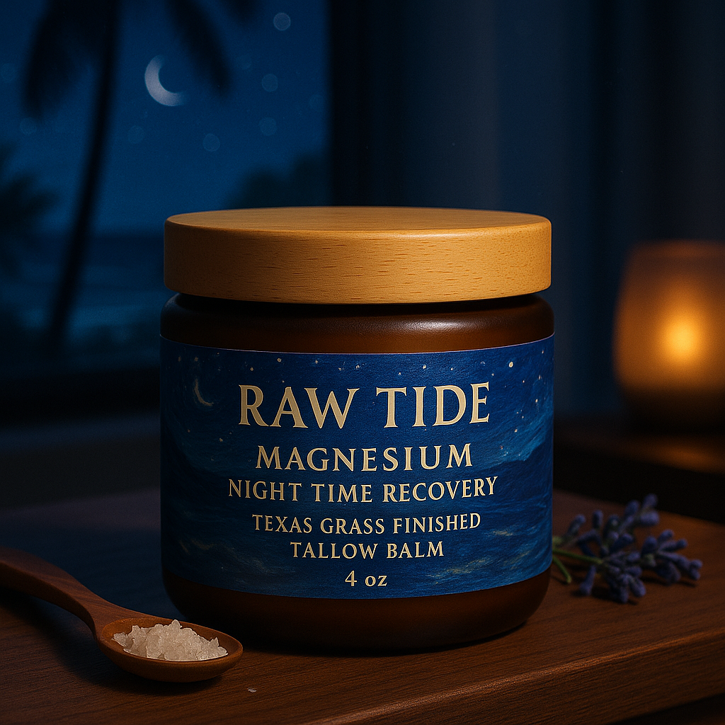 Jar of 'Raw Tide' magnesium balm with a wooden spoon and lavender flowers on a dark background