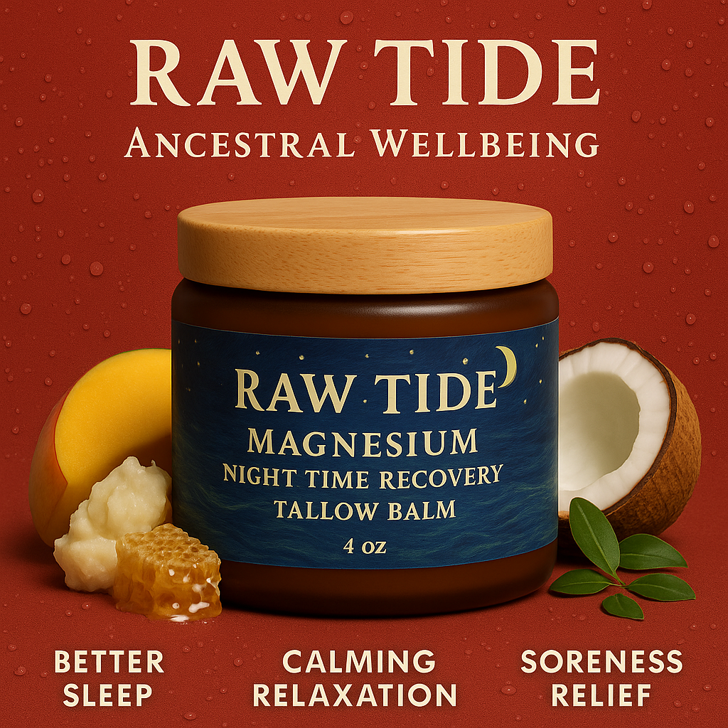 Jar of Raw Tide magnesium balm with ingredients on a red background