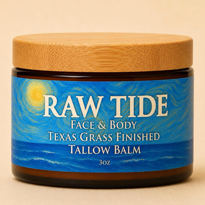 Raw Tide Grass-Fed Tallow Face and Body Balm 3 oz amber glass jar with flush bamboo lid