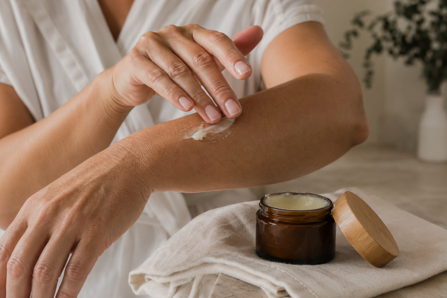 Raw Tide amber tallow balm massaged into dry-feeling skin as an evening body-care step