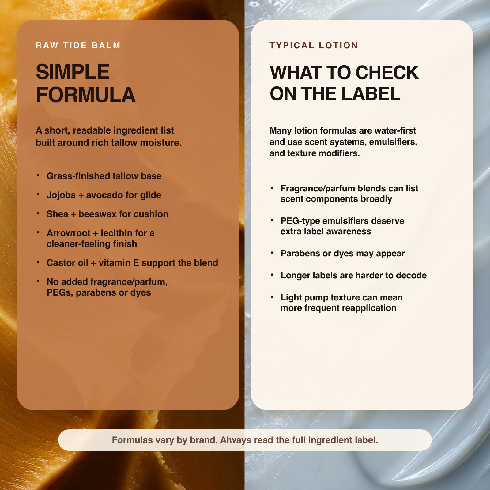 Raw Tide Face and Body Balm simple formula versus lotion ingredient label comparison