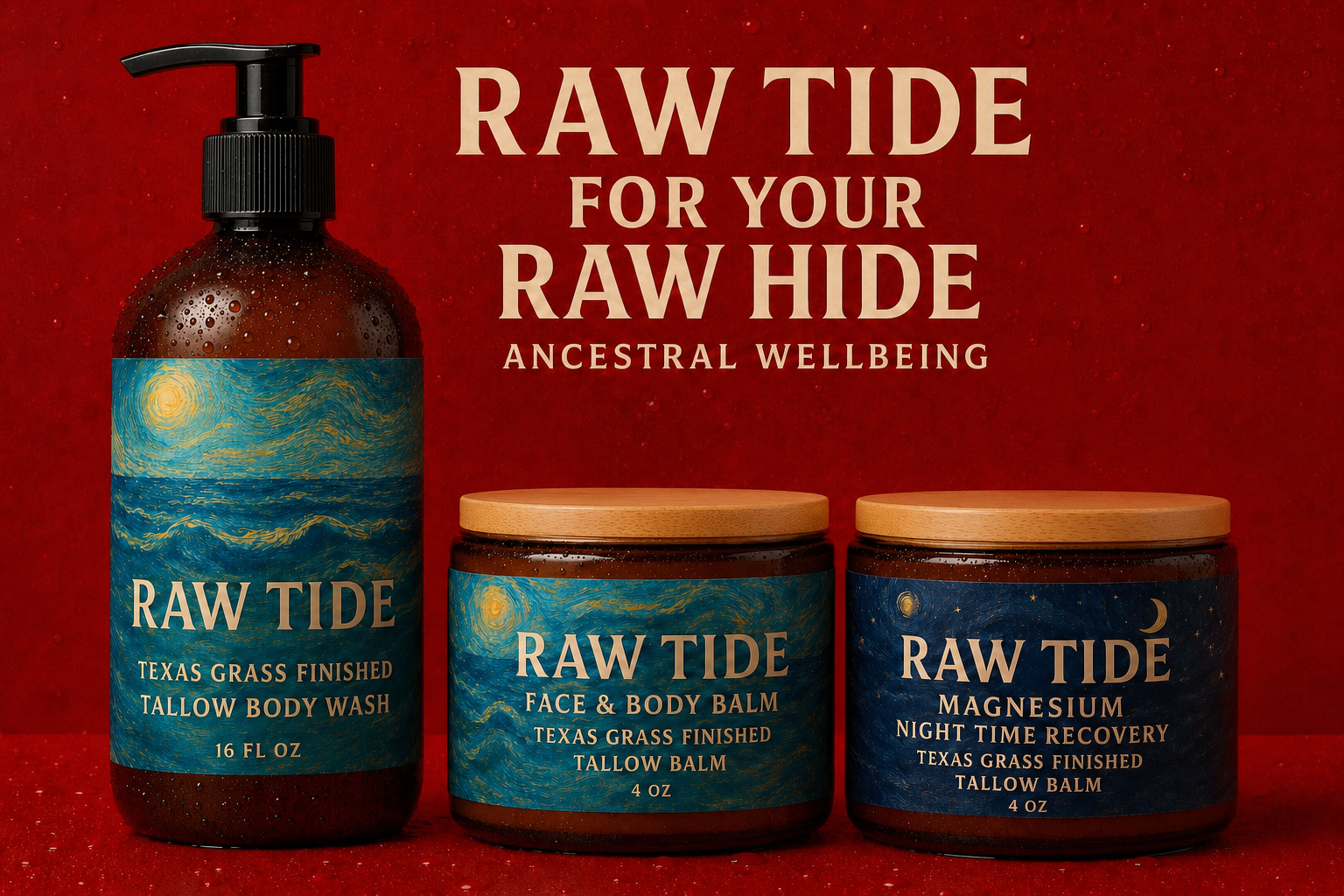 Raw Tide products with bamboo lids in a clean warm bathroom setting