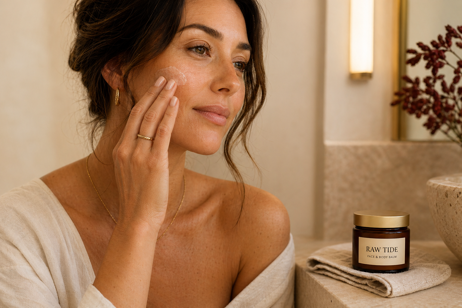 Raw Tide Face and Body Balm used in a warm daily skin ritual