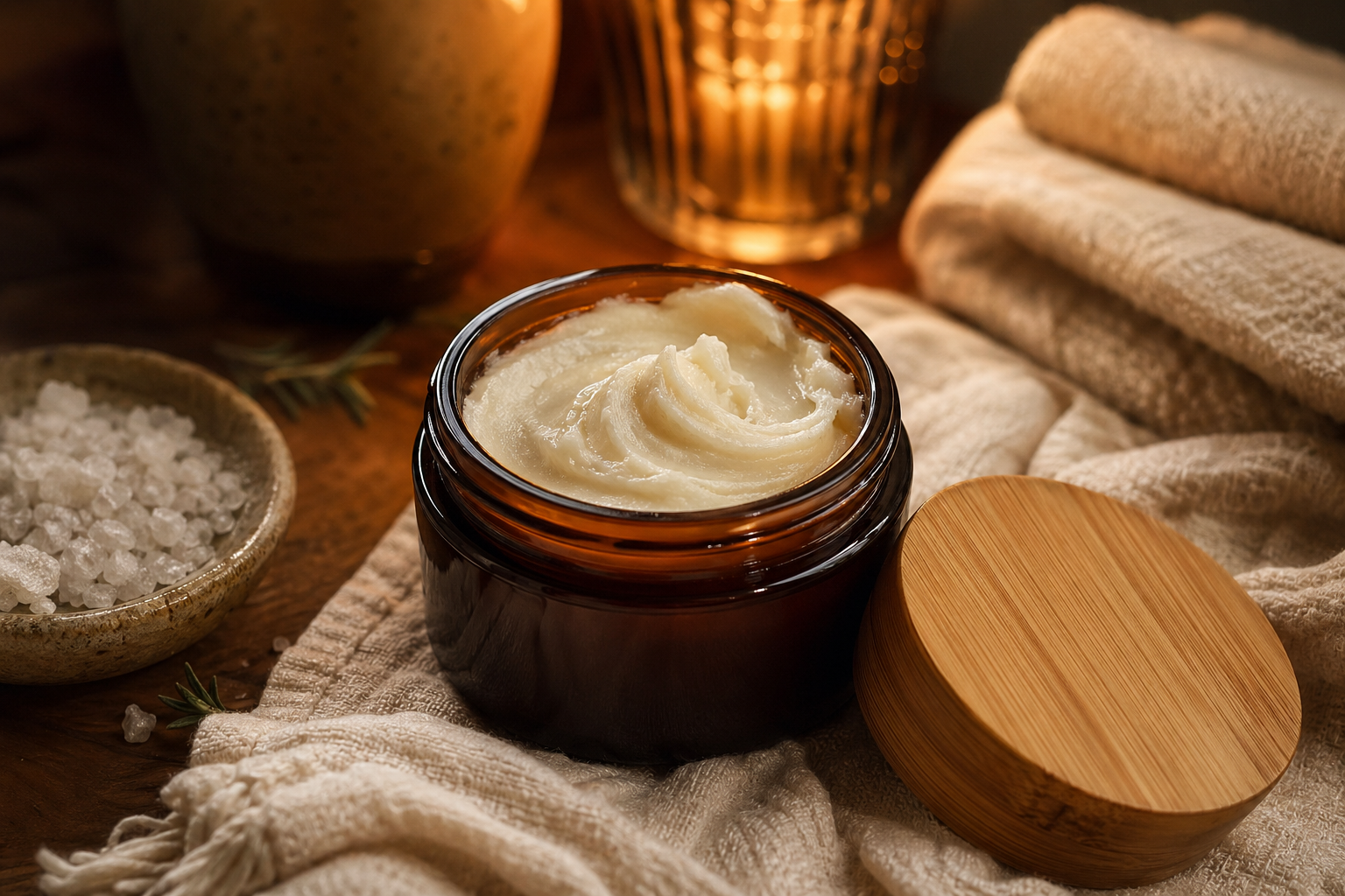 Warm amber Magnesium Night Balm texture with simple evening ritual elements